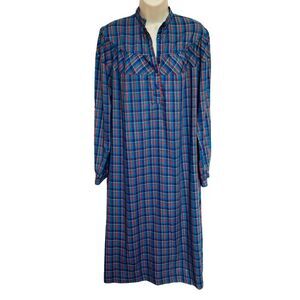 Vintage Lanz Originals Plaid Prairie Core Mandarin Collar Nightgown Sz 14 FLAWS